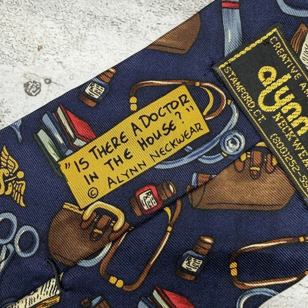 VTG Alynn Neckwear Silk Tie Mens One Size Blue Medical Doctor 100% Silk Made USA